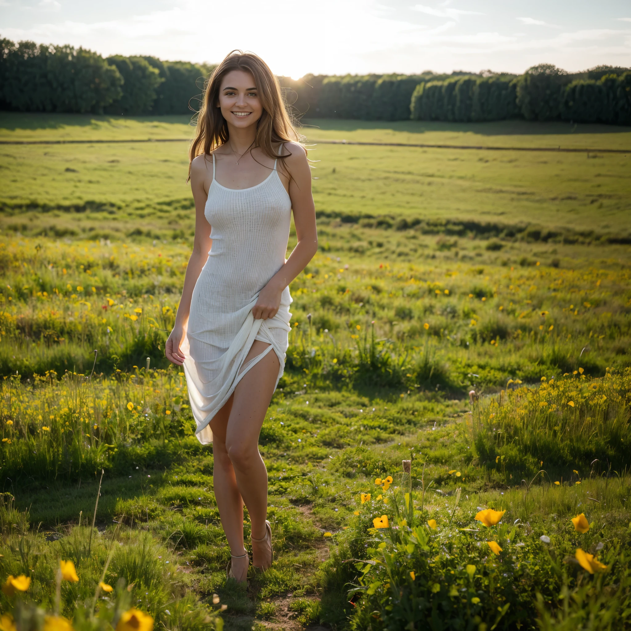 Sage smiling woman aged 65, light transparent short dress, standing, center of big field of poppies, arms along the body, long brown hair, cinematic atmosphere, feminine, natural, Perfect eyes, perfect hands, perfect teeth, pretty smile, smiling look, ultra-sharp, high resolution, imperfect skin, natural skin, wide angle shot, (1woman), WhiteWetWear
