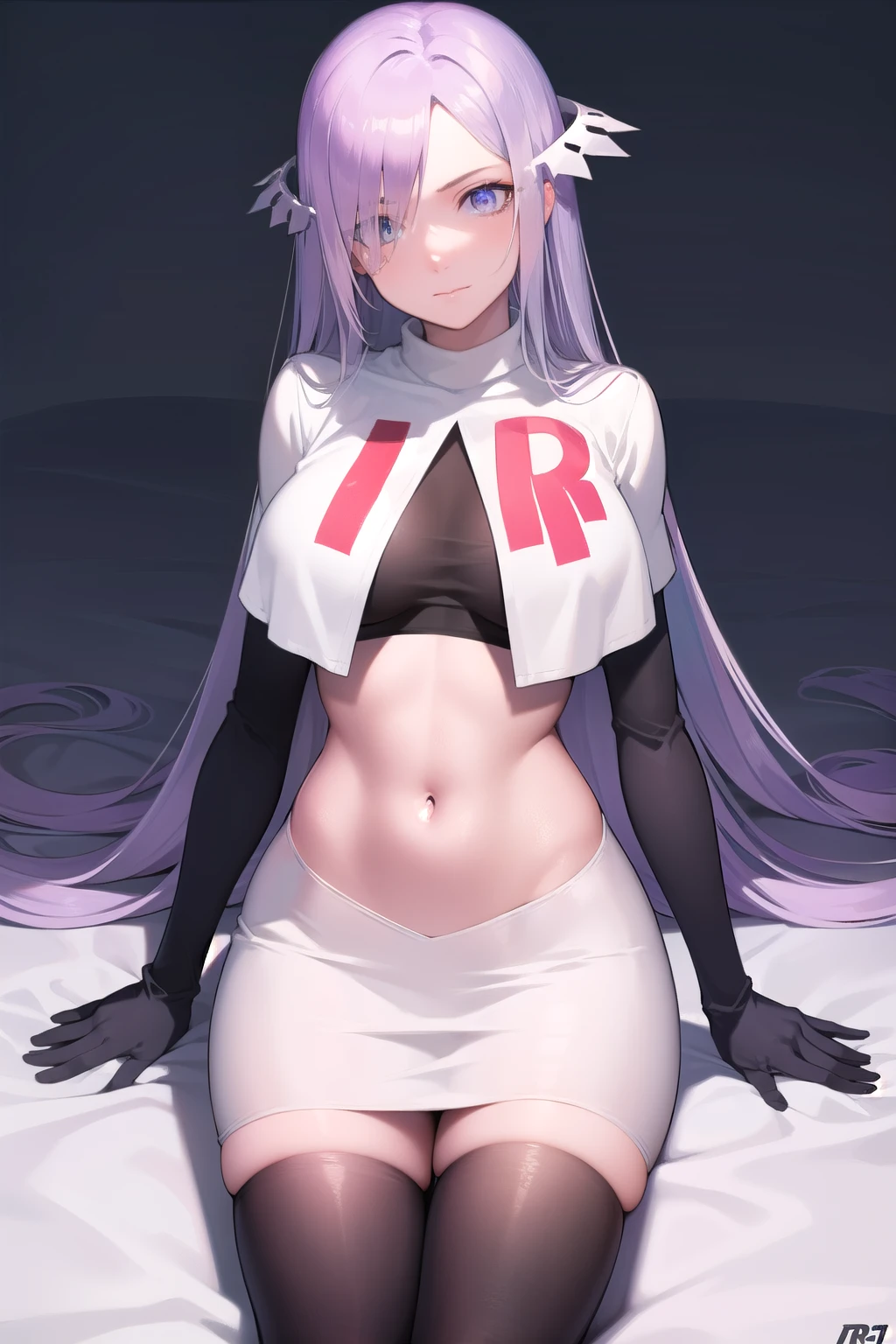 quinella, quinella, absurdly long hair, (purple eyes:1.1), long hair, parted bangs, purple hair, very long hair, hair ornament,
BREAK team rocket,team rocket uniform,white skirt,red letter R,crop top,black thigh-highs,black elbow gloves,
BREAK looking at viewer, cowboy shot,
BREAK (masterpiece:1.2), best quality, high resolution, unity 8k wallpaper, (illustration:0.8), (beautiful detailed eyes:1.6), extremely detailed face, perfect lighting, extremely detailed CG, (perfect hands, perfect anatomy),
