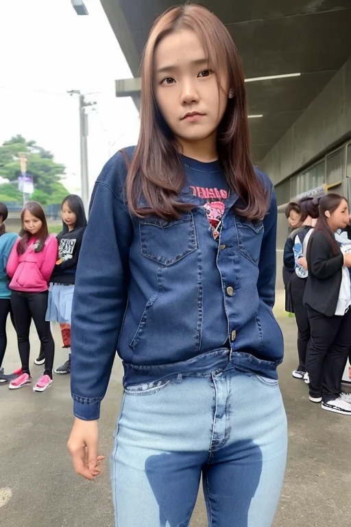 (pp clothes), from forehead, Indonesia school girl, waiting in line, peeing jeans, desperation expression