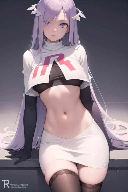 quinella, quinella, absurdly long hair, (purple eyes:1.1), long hair, parted bangs, purple hair, very long hair, hair ornament,
BREAK team rocket,team rocket uniform,white skirt,red letter R,crop top,black thigh-highs,black elbow gloves,
BREAK looking at viewer, cowboy shot,
BREAK (masterpiece:1.2), best quality, high resolution, unity 8k wallpaper, (illustration:0.8), (beautiful detailed eyes:1.6), extremely detailed face, perfect lighting, extremely detailed CG, (perfect hands, perfect anatomy),