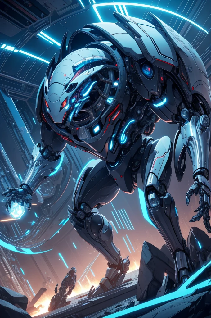 a highly detailed mecha axolotl, mechanical axolotl humanoid robot, intricate machinery, futuristic design, glowing blue eyes, metallic scales, articulated limbs, complex internal mechanisms, advanced technology, biomechanical hybrid, cinematic lighting, dramatic pose, dynamic composition, 8k, highly detailed, photorealistic, cinematic, hyper detailed, masterpiece, (CHARACTER DESIGN), (cel shaded)
