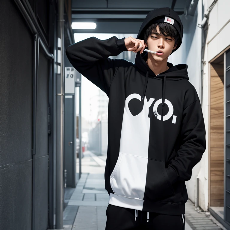 Create a 3D realistic boy smoking with black hoodie, in hoodie Have Letter "Oiwa" In a white color capital.