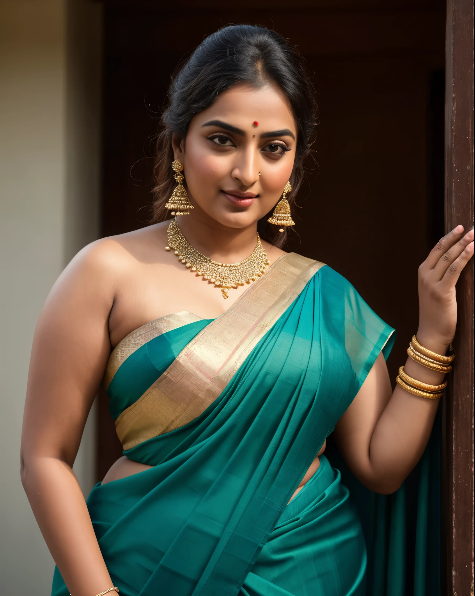 Foto RAW, photorealistic, photography, full body shot, master shot, perfect eyes, goddess like beauty, pierced eyes, perfect thick chubby mallu Desi aunty bhabhi, Wearing a Stanapatta, a chest-band.Saree model, model Photography, Indian saree shoot, Indian traditional wear advertising photography, traditional wear brand shoot, face of Indian actress Sonakshi Sinha, masterpiece, realistic, realism, incredible details, pleasure, photorealism, detailed skin, skin pores, high contrast, photorealistic Artstation 8k HD digital art trend of high definition and detailed realistic skin texture, ultra detail, realistic skin texture, armature, best quality, ultra high definition, (photorealistic:1.4),, high resolution, detail, raw photo, sweat, Re sharp, by Lee Jefferies Nikon D850 Film Stock Photo 4 Kodak Portra 400 Camera F1.6 Lens Rich Color Ultra Real Realistic Realistic Textures Dramatic Lighting Unreal Engine Trending at Art Station Cinestill 800,(pele altamente detalhada: 1.2), 8k UHD, DSLR, soft-lighting, alta qualidade, grain of film, Fujifilm XT3,she didn't like to wear blouse or bra, she is happy to wear only saree, she hates blouse or bra, detailed hairy armpits, hyper realistic skin, skin pores, sweat, veins,