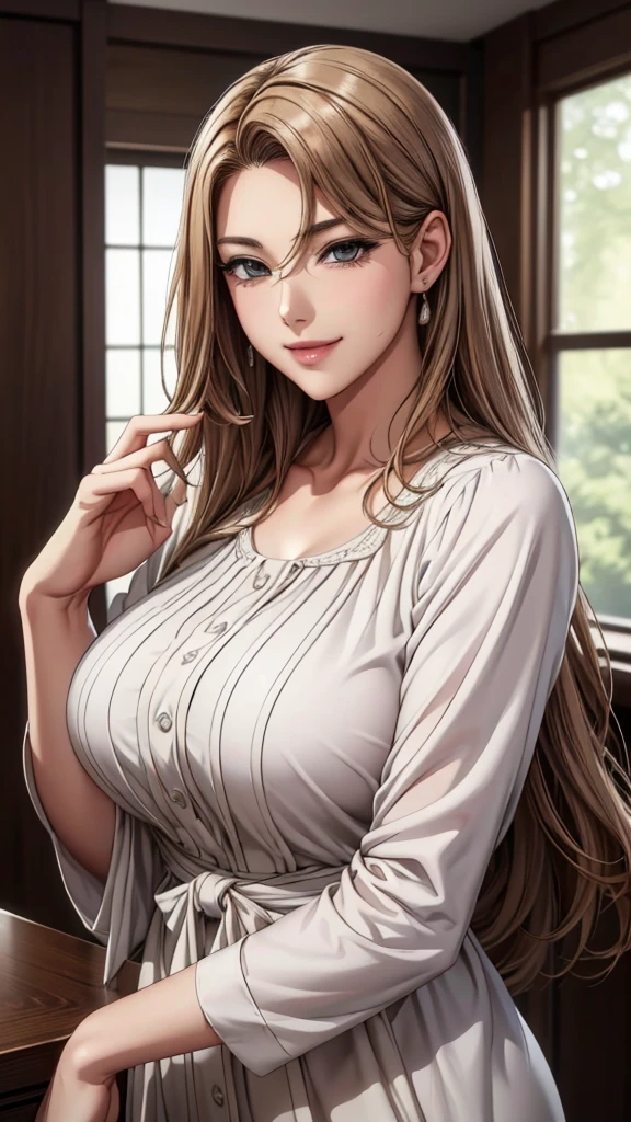 masterpiece, highest quality、High resolution, Bedroom, High-quality images, 8k, 1 female, Accurate Fingers, fourth finger with wedding ring, Skin Radiance, Texture of skin and clothing, Expression of fine eyes, Shiny Hair, Girl with long brown hair, Manga inspired by Lee Jong-suk, Trending on deviantart, realism, detailed manga style, Manga art style, Perfect Line Drawing, Beautiful line art, digital manga art girl, K-POPアイドル, Beautiful brown eyes, Fuller lips, Gorgeous face with attention to detail, (Cute Smile), Charm, Innocent, Side view, (Perfectly detailed face), (Beautiful Hands) Photorealistic images, Written boundary depth, Japanese Princess Cut Hairstyle, ((best sunday dresses, blouse)), Tight waist