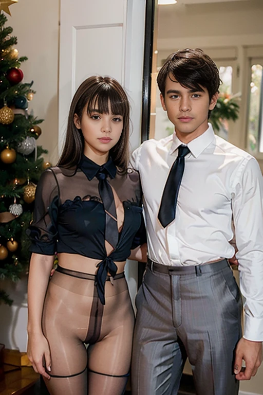 photorealistic high-quality medium shot picture, Jenna Ortega posing near a Christmas tree with her husband, (((Female has bangs hair and is wearing a sheer ta black mini dress and platino 15 denier black sheer pantyhose))), (((Male (husband has brown hair) and is wearing a suit, shirt and tie with suit pants))), arms are around each other and hold each other close, medium shot, man stands behind wife and puts his arms around her