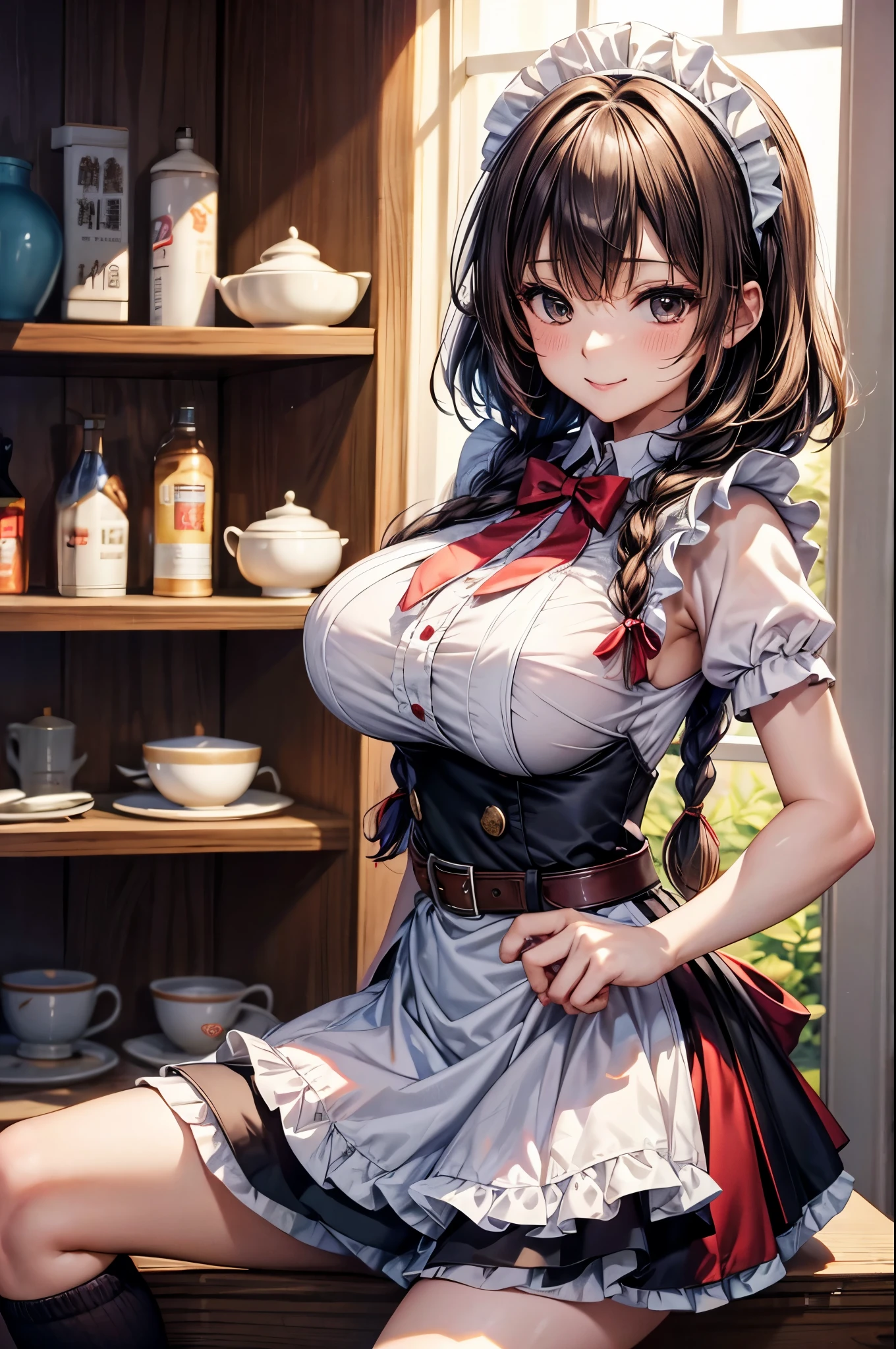 masterpiece, best quality, High resolution, 1After, Fujiwara Chika, maid dress, breast, Red belt, Bangs, large breast, Cowboy shooting, Smile, bob hair, low twin longs braids, indoors, Sexy pose, Breasts exposed, maid, Ming Daofu, black maid dress, Apro, maid Apro, mini skirt, Socks, Socks, Put your hands behind your back,