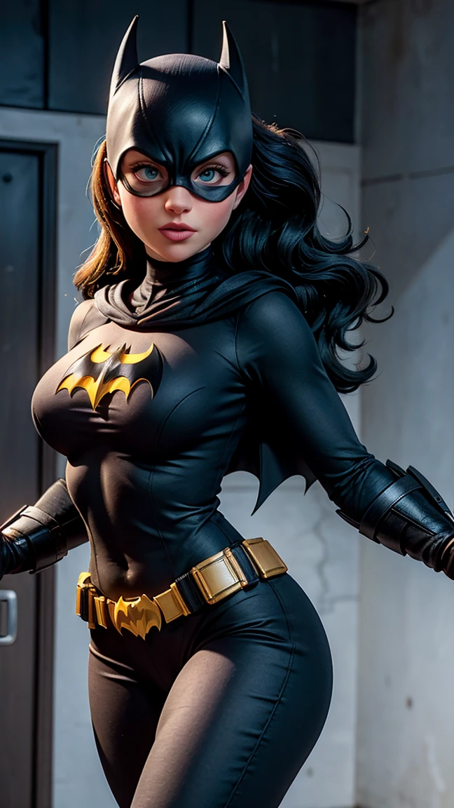 8K, Ultra HD, super details, high quality, high resolution. The heroine Batgirl looks beautiful in a full-length photo, her body is sculptural, her long black wavy hair is radiant in a perfect combination with her white skin, her bright blue eyes mesmerize everyone. She is wearing her heroine costume. It consists of a mask that covers the upper part of the face, leaving your eyes visible, and a tight bodysuit. It can be black, dark blue or purple, the material is made of resistant and elastic fabric to provide protection and allow agile movements, on the chest of the costume, there is a bat symbol similar to the Batman symbol, she wears a utility belt that contains a variety of useful devices and equipment for your missions, Batgirl's boots and gloves are made of resistant material to protect her hands and feet during combat, she wears a black cape, an aesthetic element of the costume. she looks very sexy, drawing attention to her big breasts and thick legs.