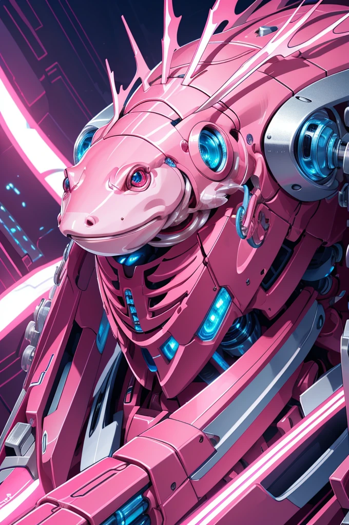 a highly detailed ((pink mecha axolotl)), mechanical axolotl humanoid robot, intricate machinery, futuristic design, glowing blue eyes, metallic scales, articulated limbs, complex internal mechanisms, advanced technology, biomechanical hybrid, cinematic lighting, dramatic pose, dynamic composition, 8k, highly detailed, photorealistic, cinematic, hyper detailed, masterpiece, (CHARACTER DESIGN), (cel shaded), axolotl feelers on head