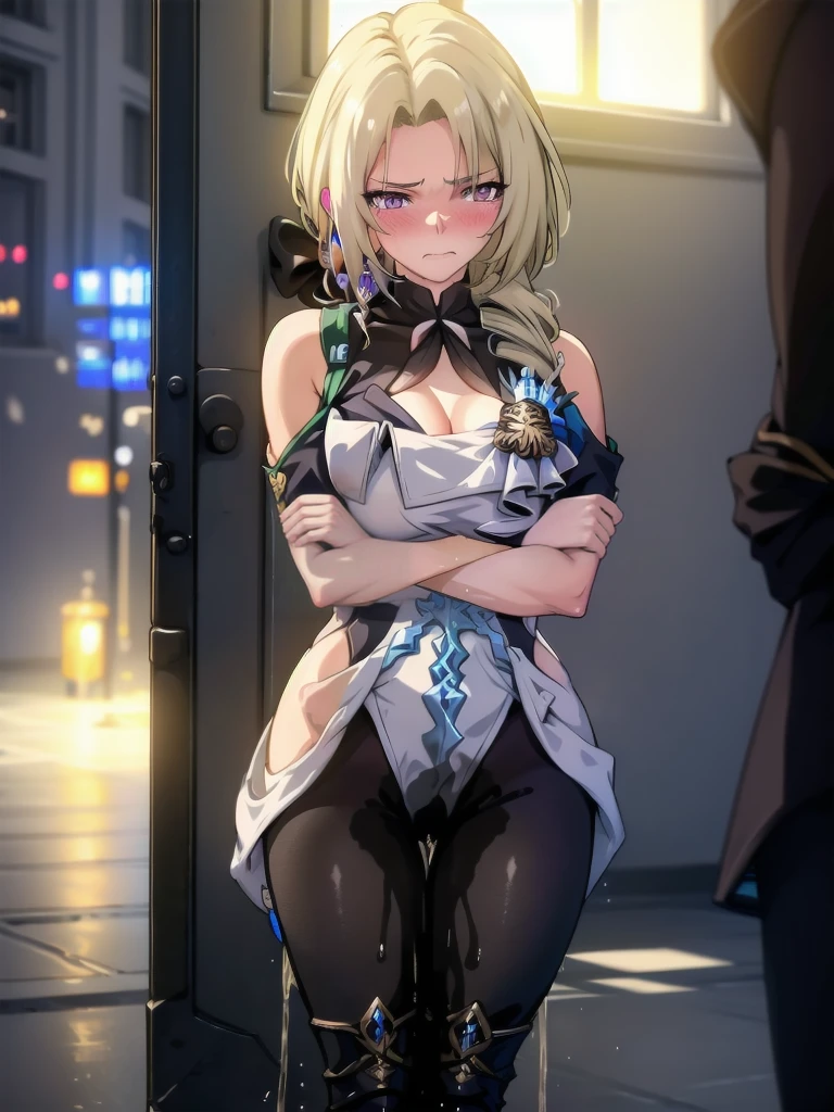 (highest quality:1.37), (masterpiece:1.37), HDR, physically-based rendering, bokeh, (cinematic lighting:1.37), CocoliaV5, (standing:1.25). The artwork is inspired by manga and incorporates a doujin style. The woman appears to be (wetting herself:1.5), which causes her to feel embarrassed and humiliated, resulting in a blush on her face. In addition, there is an air of anger in her expression. The lighting in the scene is moody, with a spotlight highlighting the woman's figure, her arms are crossed (arms crossed:1.5), (crossing arms:1.5), pee stain, peeing stain on her (yoga pants)., large breasts, skinny