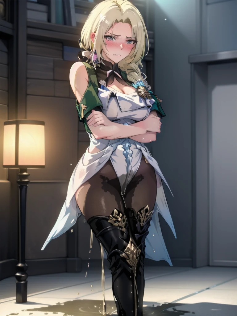 (highest quality:1.37), (masterpiece:1.37), HDR, physically-based rendering, bokeh, (cinematic lighting:1.37), CocoliaV5, (standing:1.25). The artwork is inspired by manga and incorporates a doujin style. The woman appears to be (wetting herself:1.5), which causes her to feel embarrassed and humiliated, resulting in a blush on her face. In addition, there is an air of anger in her expression. The lighting in the scene is moody, with a spotlight highlighting the woman's figure, her arms are crossed (arms crossed:1.5), (crossing arms:1.5), pee stain, peeing stain on her (yoga pants)., large breasts, skinny