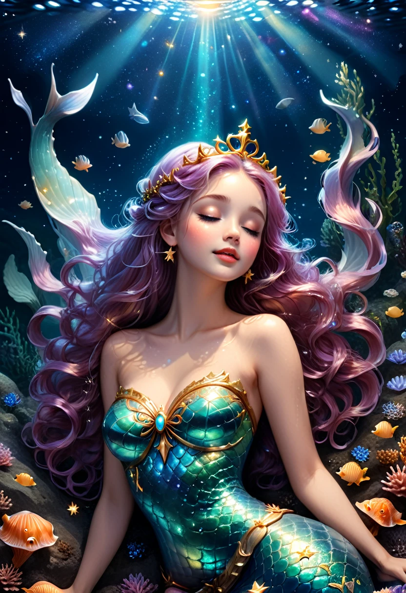 Mermaid Princess, In the quiet of the night, the mermaid princess looked up at the stars in the sky. She lightly closed her eyes and made a wish to the brightest star. The starlight scattered on her face, appearing particularly sacred, (masterpiece, best quality, Professional, perfect composition, very aesthetic, absurdres, ultra-detailed, intricate details:1.3)