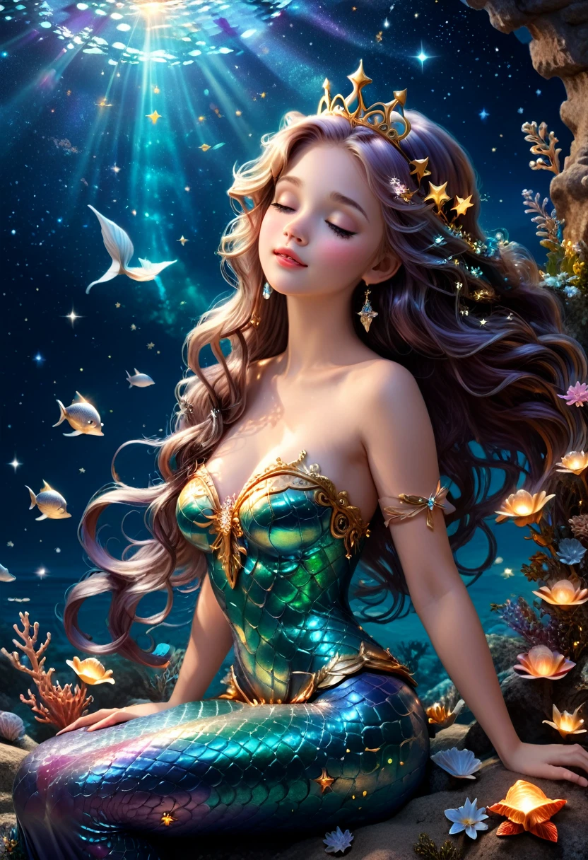 Mermaid Princess, In the quiet of the night, the mermaid princess looked up at the stars in the sky. She lightly closed her eyes and made a wish to the brightest star. The starlight scattered on her face, appearing particularly sacred, (masterpiece, best quality, Professional, perfect composition, very aesthetic, absurdres, ultra-detailed, intricate details:1.3)