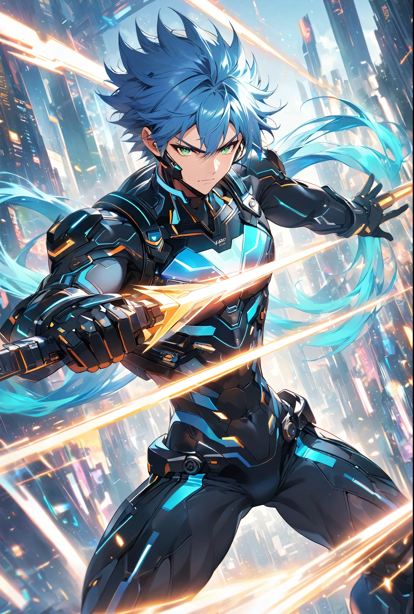 A dynamic male character in a futuristic black and blue cyber suit with glowing LED lines, short spiky blue hair, and sharp green eyes. He is tall, muscular, and has an energy backpack on his back. The character is in a combat pose, wielding energy blades, with a serious and focused expression. The background is a digital cityscape with floating holographic elements and light effects, representing a cybernetic world.