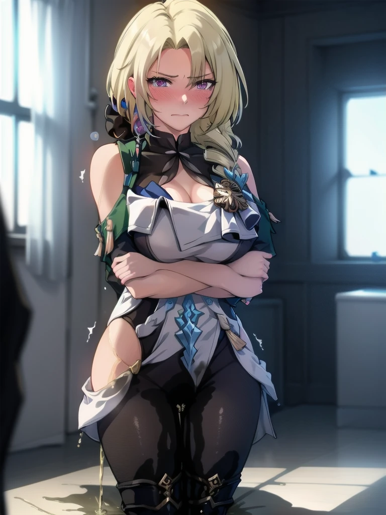 (highest quality:1.37), (masterpiece:1.37), HDR, physically-based rendering, bokeh, (cinematic lighting:1.37), CocoliaV5, (standing:1.25). The artwork is inspired by manga and incorporates a doujin style. The woman appears to be (wetting herself:1.5), which causes her to feel embarrassed and humiliated, resulting in a blush on her face. In addition, there is an air of anger in her expression. The lighting in the scene is moody, with a spotlight highlighting the woman's figure, her arms are crossed (arms crossed:1.5), (crossing arms:1.5), pee stain, peeing stain on her (yoga pants)., large breasts, skinny