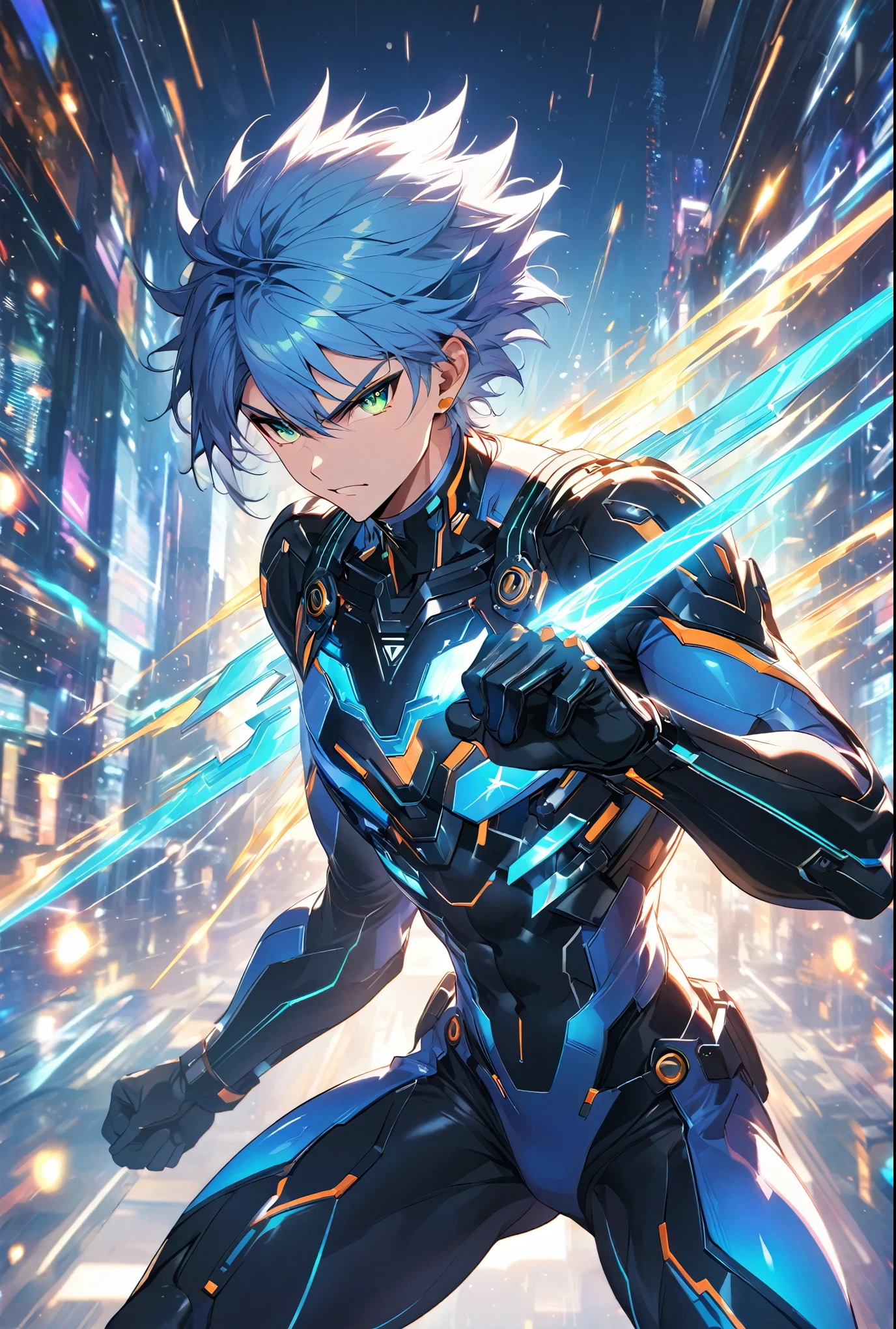 A dynamic male character in a futuristic black and blue cyber suit with glowing LED lines, short spiky blue hair, and sharp green eyes. He is tall, muscular, and has an energy backpack on his back. The character is in a combat pose, wielding energy blades, with a serious and focused expression. The background is a digital cityscape with floating holographic elements and light effects, representing a cybernetic world.