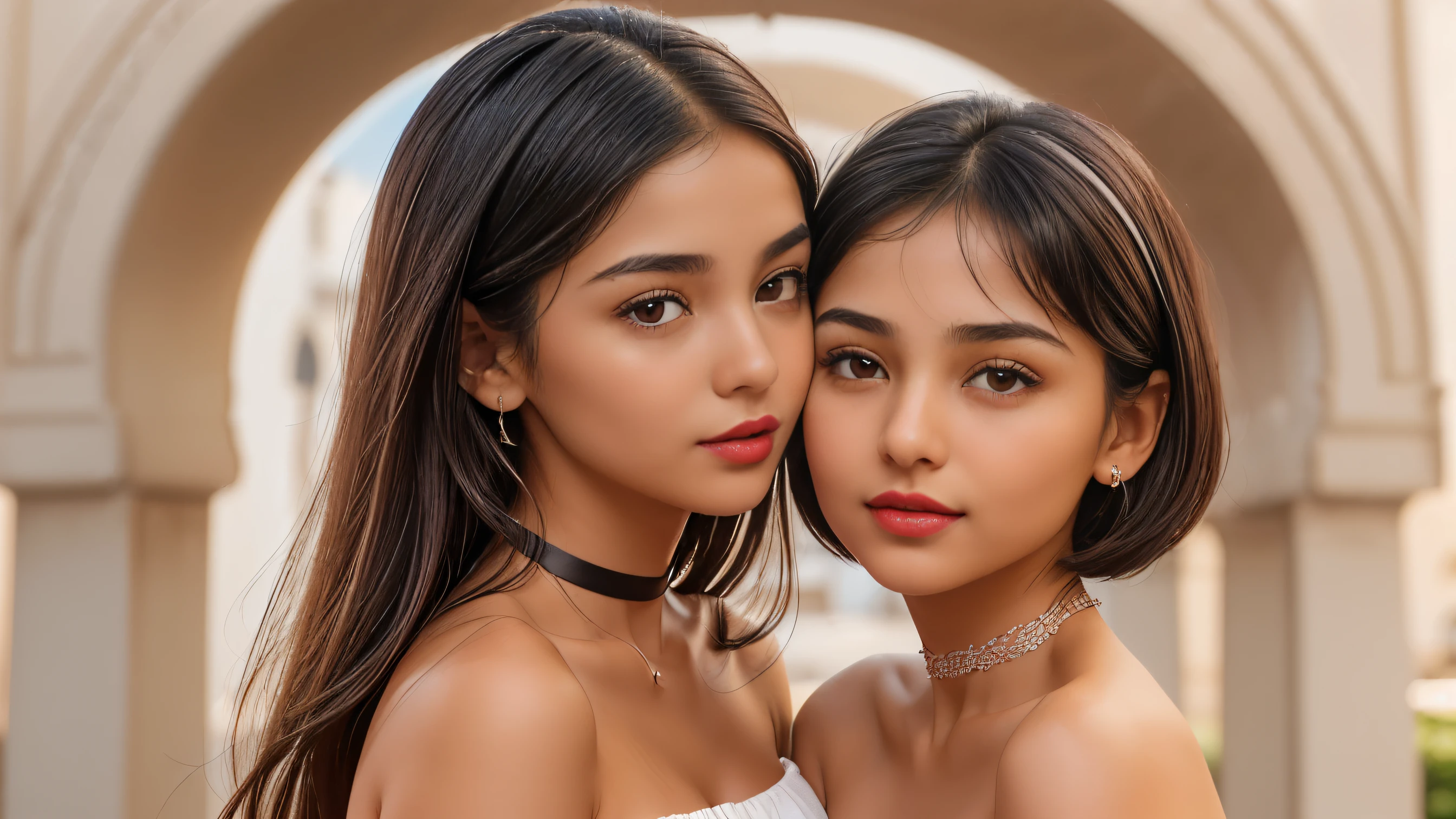 2 girls, (Girl 1(cute white arab woman, 25 years old, round face shape, small nose, thin nose, thin nostril, small nose-tip, beautiful small delicate nose, (very thin) round eyebrows, (very thin eyebrows), perfect thin lips, red lipstick, (big) (round) feminine cheeks, cheek dimples, very cute cheeks, prominent round:1.8 cheekbones, clean skin, tan:1.8 skin, black short hair, choker, big brown (drop) eyes, wearing a (white) strapless mini dress) smiling), (Girl 2(cute white arab woman, 18 years old, round face shape, small nose, thin nose, thin nostril, small nose-tip, beautiful small delicate nose, (very thin) round eyebrows, (very thin eyebrows), perfect thin lips, red lipstick, (big) (round) feminine cheeks, cheek dimples, very cute cheeks, prominent round:1.8 cheekbones, clean skin, tan:1.8 skin, black short hair, choker, big brown (drop) eyes, wearing a (black) strapless mini dress)), (kissing:1.2), (Masterpiece), (Realistic), (best quality), (8K), ultra detailed, UHD, RAW,