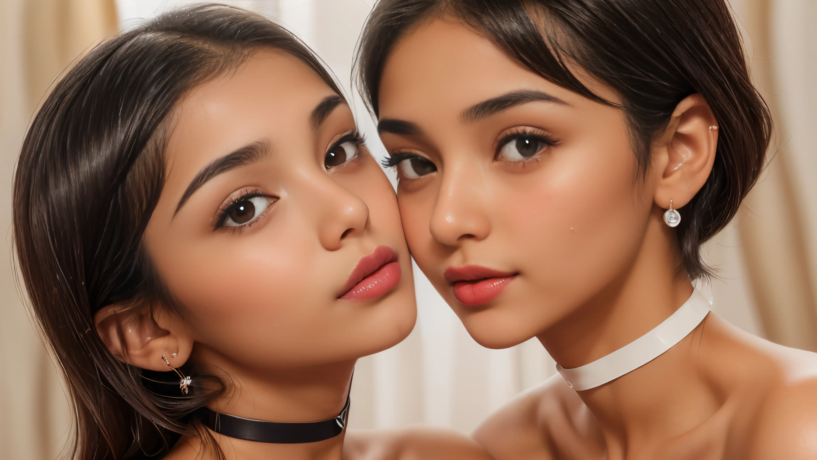 2 girls, (Girl 1(cute white arab woman, 20 years old, round face shape, small nose, thin nose, thin nostril, small nose-tip, beautiful small delicate nose, (very thin) round eyebrows, (very thin eyebrows), perfect thin lips, red lipstick, (big) (round) feminine cheeks, cheek dimples, very cute cheeks, prominent round:1.8 cheekbones, clean skin, tan:1.8 skin, black short hair, choker, big brown (drop) eyes, wearing a (white) strapless mini dress)), (Girl 2(cute white arab woman, 18 years old, round face shape, small nose, thin nose, thin nostril, small nose-tip, beautiful small delicate nose, (very thin) round eyebrows, (very thin eyebrows), perfect thin lips, red lipstick, (big) (round) feminine cheeks, cheek dimples, very cute cheeks, prominent round:1.8 cheekbones, clean skin, tan:1.8 skin, black short hair, choker, big brown (drop) eyes, wearing a (black) strapless mini dress)), smiling, (Masterpiece), (Realistic), (best quality), (8K), ultra detailed, UHD, RAW,