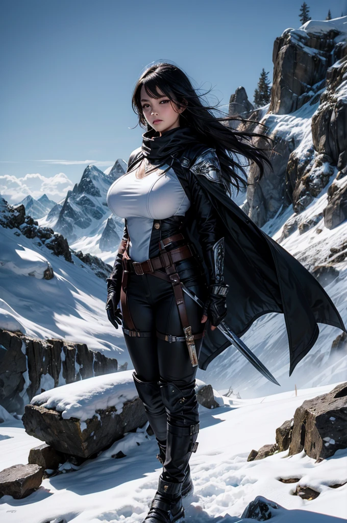 Perfect face, cute girl, big breasts, black hair, naked, white assassin outfit, weapons, mountain top, full body 