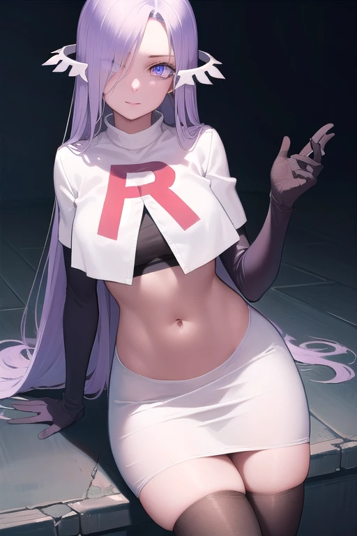 quinella, quinella, absurdly long hair, (purple eyes:1.1), long hair, parted bangs, purple hair, very long hair, hair ornament,
BREAK team rocket,team rocket uniform,white skirt,red letter R,crop top,black thigh-highs,black elbow gloves,
BREAK looking at viewer, cowboy shot,
BREAK (masterpiece:1.2), best quality, high resolution, unity 8k wallpaper, (illustration:0.8), (beautiful detailed eyes:1.6), extremely detailed face, perfect lighting, extremely detailed CG, (perfect hands, perfect anatomy),