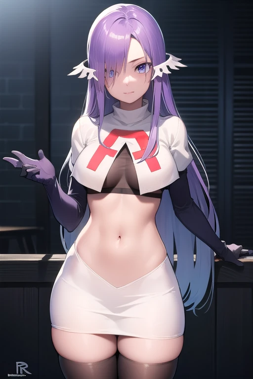 quinella, quinella, absurdly long hair, (purple eyes:1.1), long hair, parted bangs, purple hair, very long hair, hair ornament,
BREAK team rocket,team rocket uniform,white skirt,red letter R,crop top,black thigh-highs,black elbow gloves,
BREAK looking at viewer, cowboy shot,
BREAK (masterpiece:1.2), best quality, high resolution, unity 8k wallpaper, (illustration:0.8), (beautiful detailed eyes:1.6), extremely detailed face, perfect lighting, extremely detailed CG, (perfect hands, perfect anatomy),