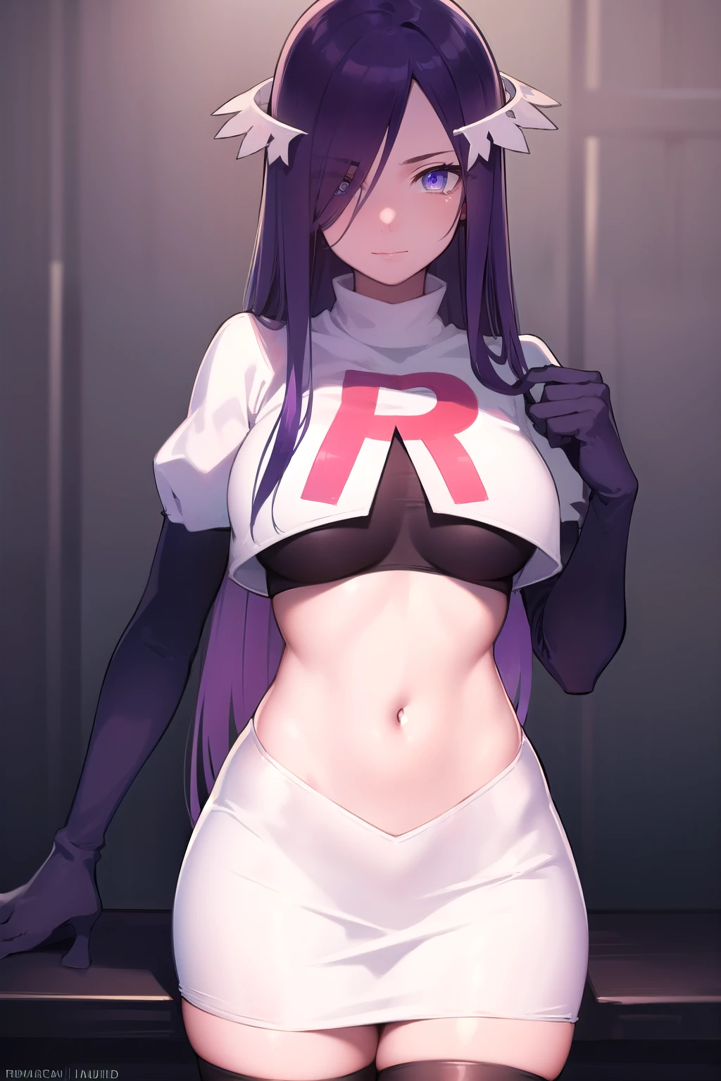 quinella, quinella, absurdly long hair, (purple eyes:1.1), long hair, parted bangs, purple hair, very long hair, hair ornament,
BREAK team rocket,team rocket uniform,white skirt,red letter R,crop top,black thigh-highs,black elbow gloves,
BREAK looking at viewer, cowboy shot,
BREAK (masterpiece:1.2), best quality, high resolution, unity 8k wallpaper, (illustration:0.8), (beautiful detailed eyes:1.6), extremely detailed face, perfect lighting, extremely detailed CG, (perfect hands, perfect anatomy),