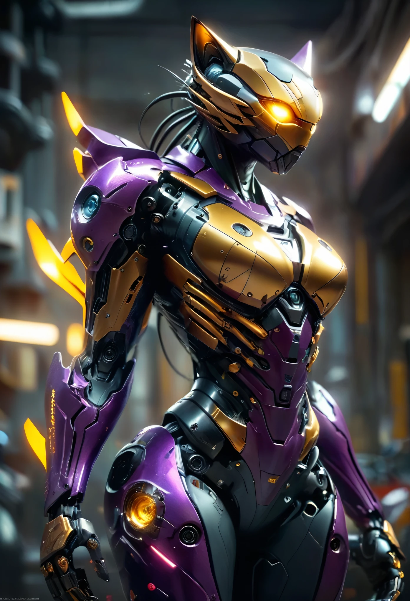 (best quality,4k,8k,highres,masterpiece:1.2),ultra-detailed,(realistic,photorealistic,photo-realistic:1.37), realistic mecha suit inspired by a female, erotic body, highly detailed, hyper realistic, 8k, photorealistic, intricate machinery, feline features, sleek aerodynamic design, sharp claws, cat-like movements, glowing eyes, metallic sheen, complex mechanical parts, advanced technology, cinematic lighting, dynamic pose, detailed texture, futuristic, concept art style, whole body, purple, black, gold