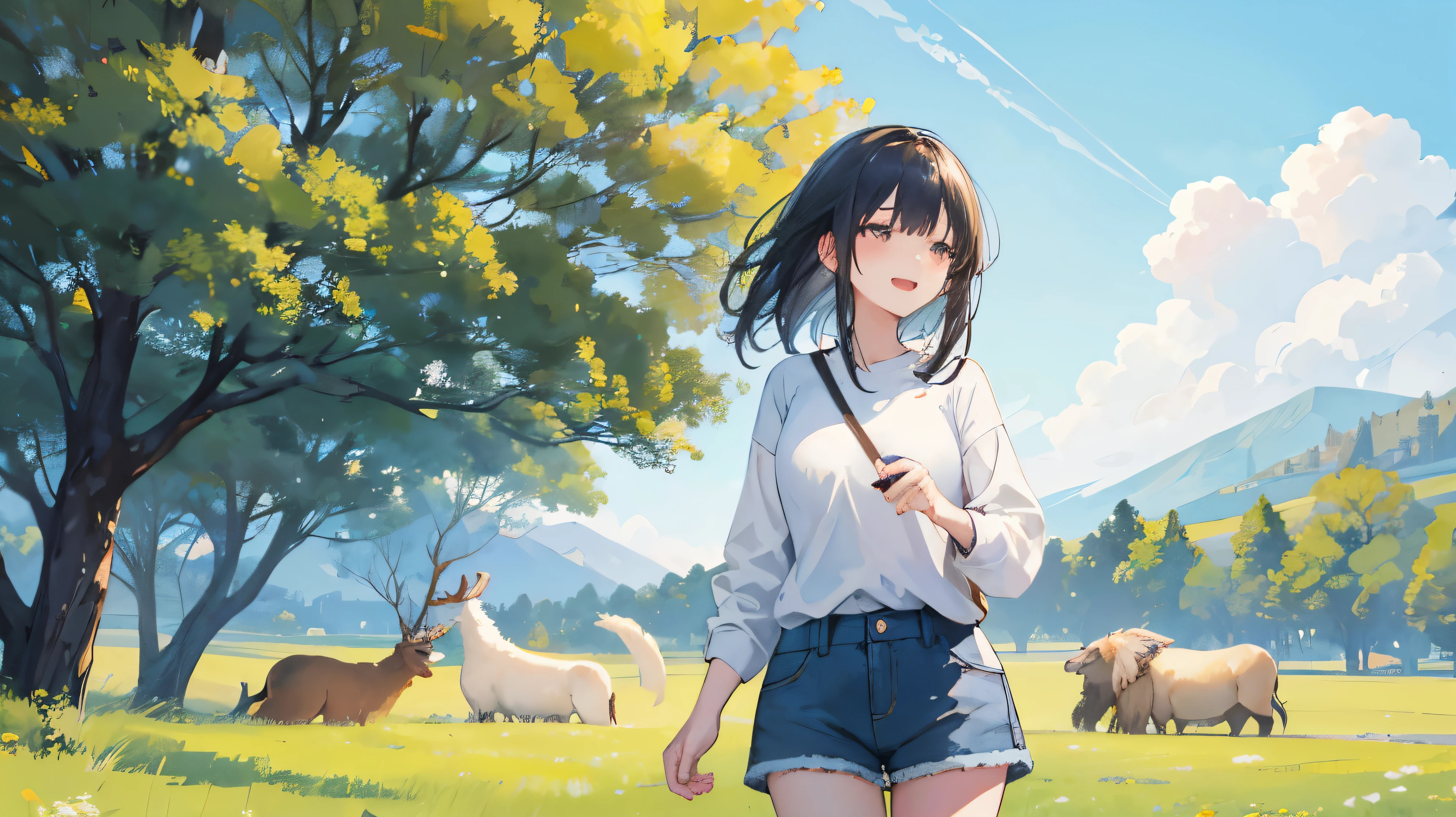 A serene, beautiful illustration of a girl with black medium-length hair, enjoying her lunchtime in a vast grassland. She is dressed

in a white sweater and denim shorts, laughing while interacting with a lion, a sheep, a deer, and a horse. The background showcases the vastness of the plains, with rolling hills and a bright sky above. The overall atmosphere of the scene is one of joy and harmony with nature.