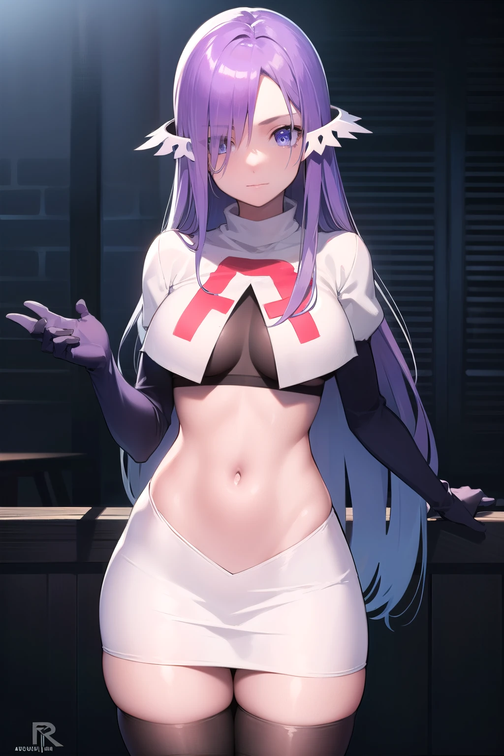 quinella, quinella, absurdly long hair, (purple eyes:1.1), long hair, parted bangs, purple hair, very long hair, hair ornament,
BREAK team rocket,team rocket uniform,white skirt,red letter R,crop top,black thigh-highs,black elbow gloves,
BREAK looking at viewer, cowboy shot,
BREAK (masterpiece:1.2), best quality, high resolution, unity 8k wallpaper, (illustration:0.8), (beautiful detailed eyes:1.6), extremely detailed face, perfect lighting, extremely detailed CG, (perfect hands, perfect anatomy),