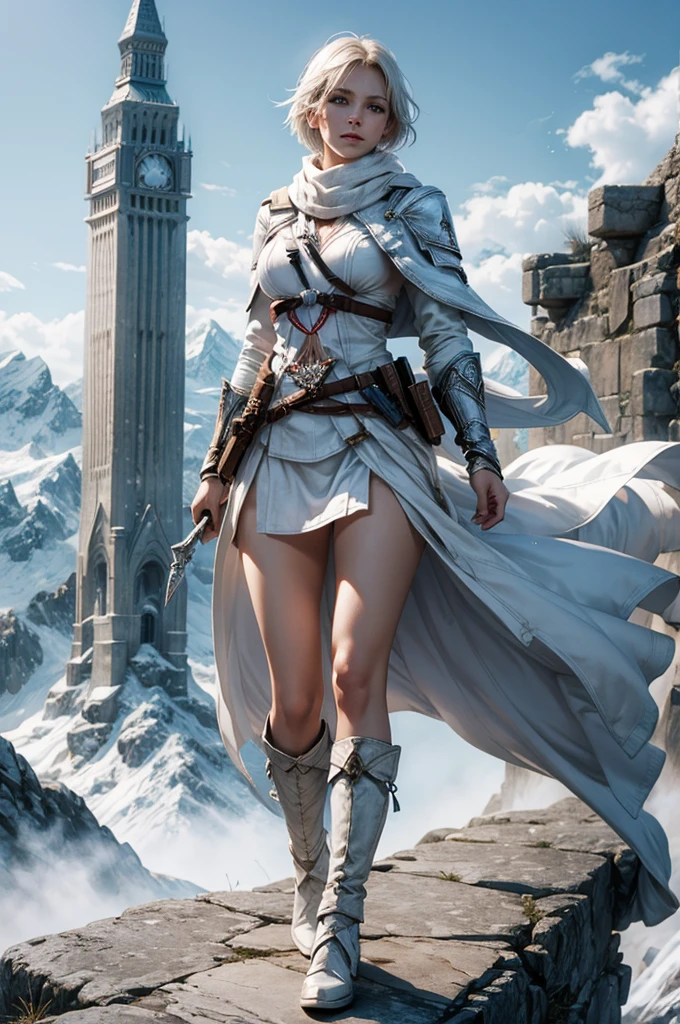 Perfect face, cute girl, big breasts, white short hair, white assassins creed outfit, white scarf, weapons, mountain top, full body
