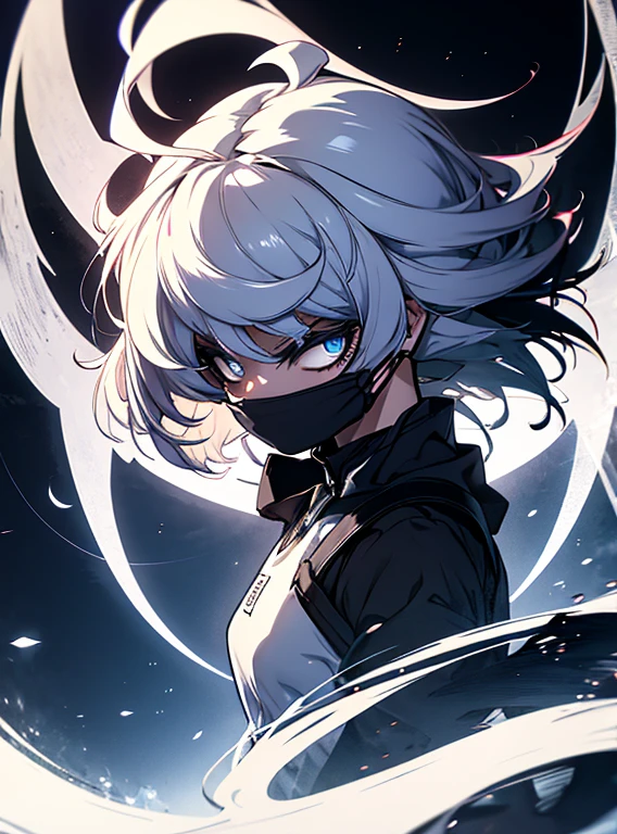 White hair, ethereal aura, serenity, wielded bow, light garments, spectral wolf, fierce nature, visual duality, soul hunters, smooth transition, agile posture, intense expression, light tones, dark tones, black facial mask.