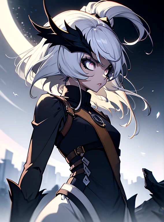 White hair, ethereal aura, serenity, wielded bow, light garments, spectral wolf, fierce nature, visual duality, soul hunters, smooth transition, agile posture, intense expression, light tones, dark tones, black facial mask.