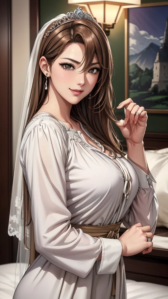 masterpiece, highest quality、High resolution, Bedroom, High-quality images, 8k, 1 female, (((Accurate Fingers))), (((fourth finger with wedding ring))), Skin Radiance, Texture of skin and clothing, Expression of fine eyes, Shiny Hair, Girl with long brown hair, Manga inspired by Lee Jong-suk, Trending on deviantart, realism, detailed manga style, Manga art style, Perfect Line Drawing, Beautiful line art, digital manga art girl, K-POPアイドル, Beautiful brown eyes, Fuller lips, Gorgeous face with attention to detail, (Cute Smile), Charm, Innocent, Side view, (Perfectly detailed face), (Beautiful Hands) Photorealistic images, Written boundary depth, Japanese Princess Cut Hairstyle, ((best sunday dresses, blouse)), Tight waist