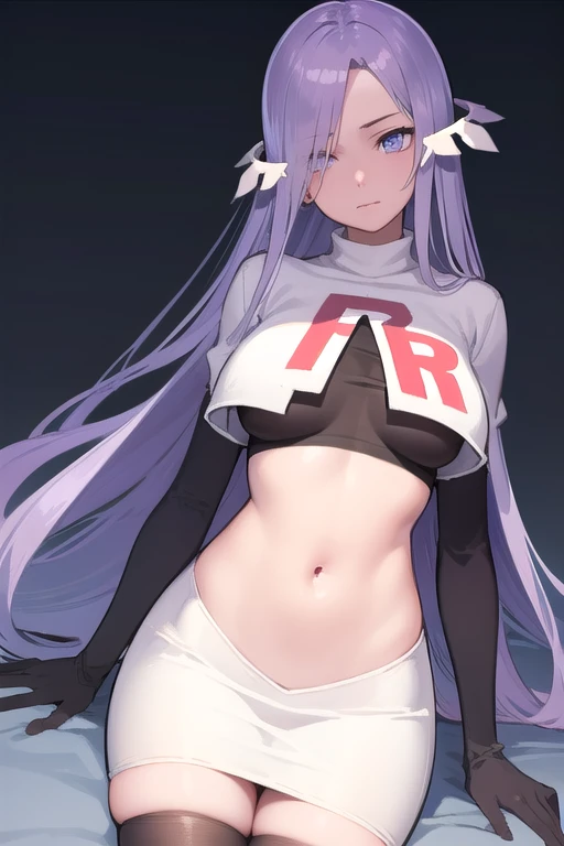 quinella, quinella, absurdly long hair, (purple eyes:1.1), long hair, parted bangs, purple hair, very long hair, hair ornament,
BREAK team rocket,team rocket uniform,white skirt,red letter R,crop top,black thigh-highs,black elbow gloves,
BREAK looking at viewer, cowboy shot,
BREAK (masterpiece:1.2), best quality, high resolution, unity 8k wallpaper, (illustration:0.8), (beautiful detailed eyes:1.6), extremely detailed face, perfect lighting, extremely detailed CG, (perfect hands, perfect ???????),