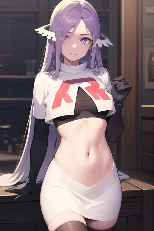 quinella, quinella, absurdly long hair, (purple eyes:1.1), long hair, parted bangs, purple hair, very long hair, hair ornament,
BREAK team rocket,team rocket uniform,white skirt,red letter R,crop top,black thigh-highs,black elbow gloves,
BREAK looking at viewer, cowboy shot,
BREAK (masterpiece:1.2), best quality, high resolution, unity 8k wallpaper, (illustration:0.8), (beautiful detailed eyes:1.6), extremely detailed face, perfect lighting, extremely detailed CG, (perfect hands, perfect anatomy),
