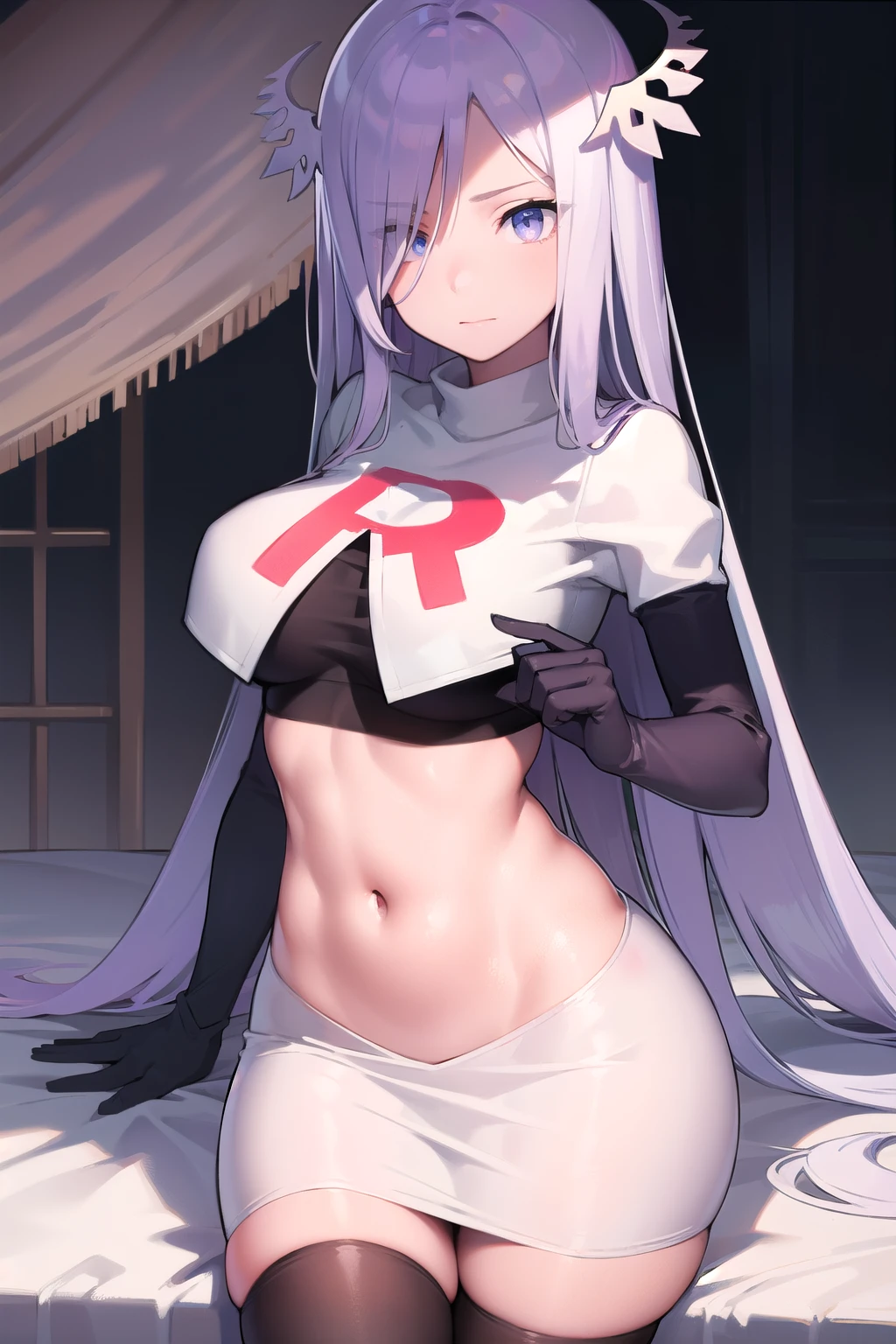 quinella, quinella, absurdly long hair, (purple eyes:1.1), long hair, parted bangs, purple hair, very long hair, hair ornament,
BREAK team rocket,team rocket uniform,white skirt,red letter R,crop top,black thigh-highs,black elbow gloves,
BREAK looking at viewer, cowboy shot,
BREAK (masterpiece:1.2), best quality, high resolution, unity 8k wallpaper, (illustration:0.8), (beautiful detailed eyes:1.6), extremely detailed face, perfect lighting, extremely detailed CG, (perfect hands, perfect anatomy),