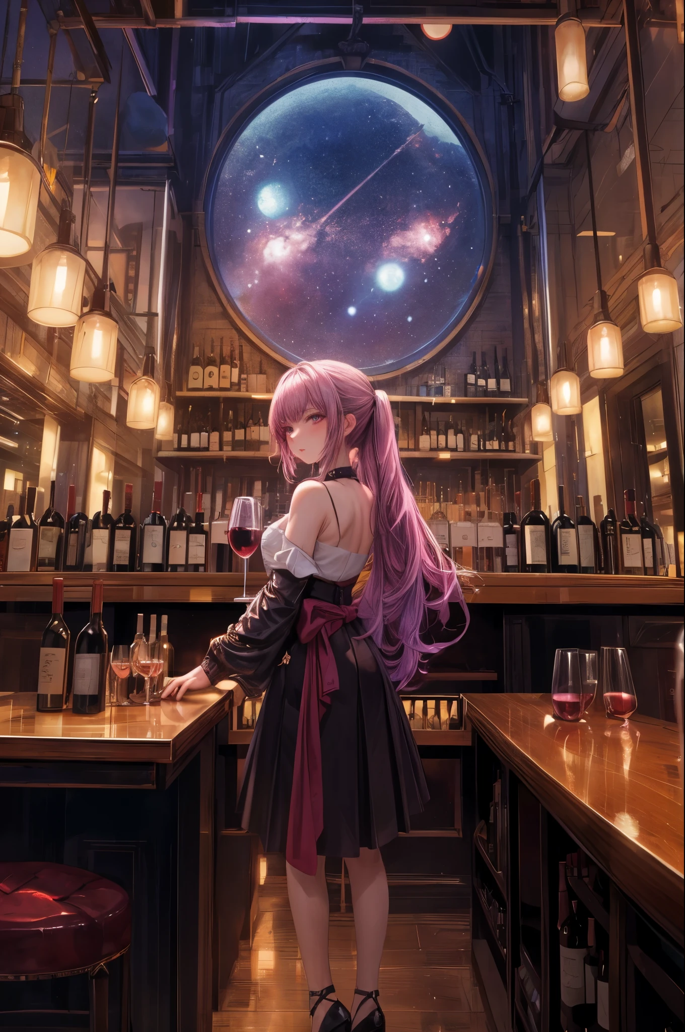 masterpiece, best quality, 1girl, bar, wine, long view, fantasy, sky, nightclub, wide shot,  