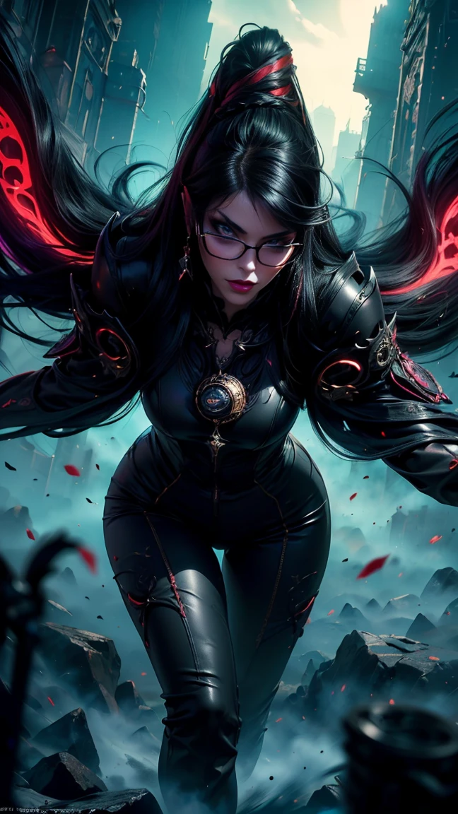 Una imagen Hyperrealista, desde arriba, ((Sexy Bayonetta, very long black hair, purple eyes, pale body, neckline, dynamic view, clear glasses, running into the battle with demons, holding automatic gun. black and purple steam aura, black sensual suit. demon city at the background, raytraced, viento, paisaje desolador y demoniaco, (aesthetics and atmosphere:1.2), poder, enojada, vengativa, ojos brillantes morados como llamas, medio cuerpo. (foto cruda, mejor calidad), (realista, photo-realista:1.3), Obra maestra, un extremadamente perfecto y hermoso cuerpo, labios sexys rojos, cuerpo palido extremadamente detallado, Best quality score, ultra dynamic view, close up, high view, dark atmosphere. black hair