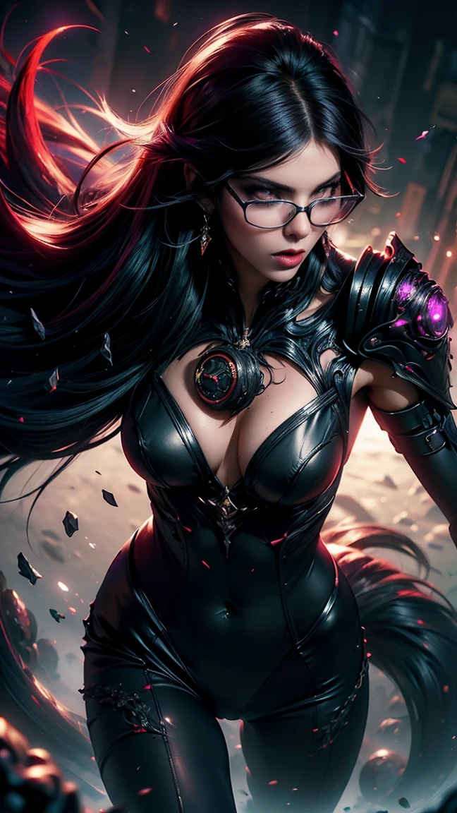 Una imagen Hyperrealista, desde arriba, ((Sexy Bayonetta, very long black hair, purple eyes, pale body, neckline, dynamic view, clear glasses, running into the battle with demons, holding automatic gun. black and purple steam aura, black sensual suit. demon city at the background, raytraced, viento, paisaje desolador y demoniaco, (aesthetics and atmosphere:1.2), poder, enojada, vengativa, ojos brillantes morados como llamas, medio cuerpo. (foto cruda, mejor calidad), (realista, photo-realista:1.3), Obra maestra, un extremadamente perfecto y hermoso cuerpo, labios sexys rojos, cuerpo palido extremadamente detallado, Best quality score, ultra dynamic view, close up, high view, dark atmosphere. black hair