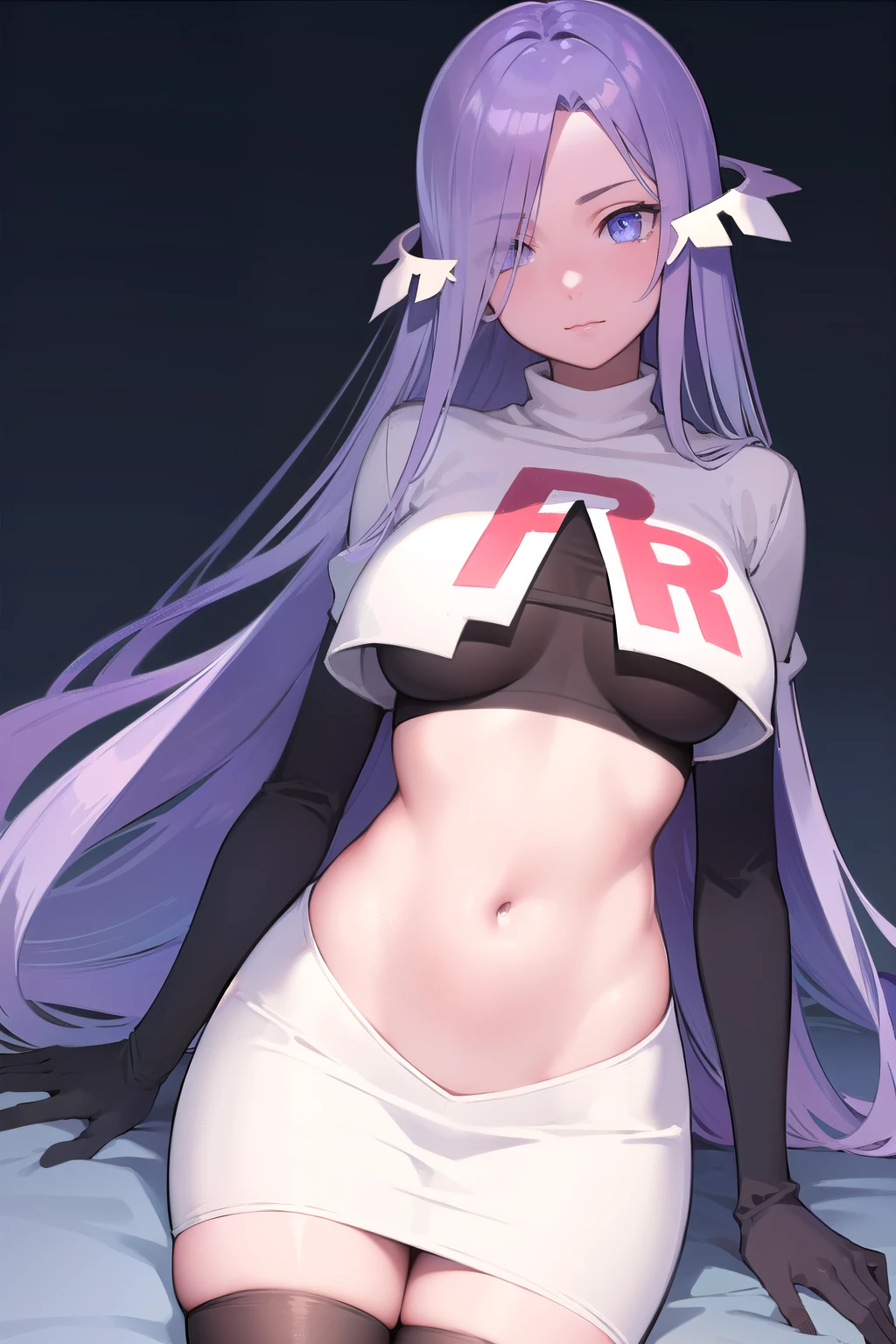 quinella, quinella, absurdly long hair, (purple eyes:1.1), long hair, parted bangs, purple hair, very long hair, hair ornament,
BREAK team rocket,team rocket uniform,white skirt,red letter R,crop top,black thigh-highs,black elbow gloves,
BREAK looking at viewer, cowboy shot,
BREAK (masterpiece:1.2), best quality, high resolution, unity 8k wallpaper, (illustration:0.8), (beautiful detailed eyes:1.6), extremely detailed face, perfect lighting, extremely detailed CG, (perfect hands, perfect anatomy),