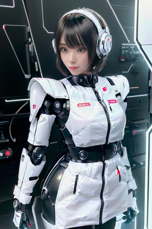 A girl in a futuristic bright white heavily armored robot suit takes a photo、perfect android girl, Female cyborg body, Perfect anime cyborg woman, Beautiful female android!, Female Robot, completely robot!! girl, Cute cyborg girl, Cyber Suit, Girl wearing mecha cybernetic armor, Cyber Suit, beutiful white girl cyborg, Beautiful female android, Beautiful girl cyborg、Cute cyborg girl with short bob hair、Beautiful android sculpture model、(Laughter)、((Rounded, white, sturdy armor))、(((Equipped with long sensor antennas on both ears)))、(((Robot Girl)))、(((Android girls)))、