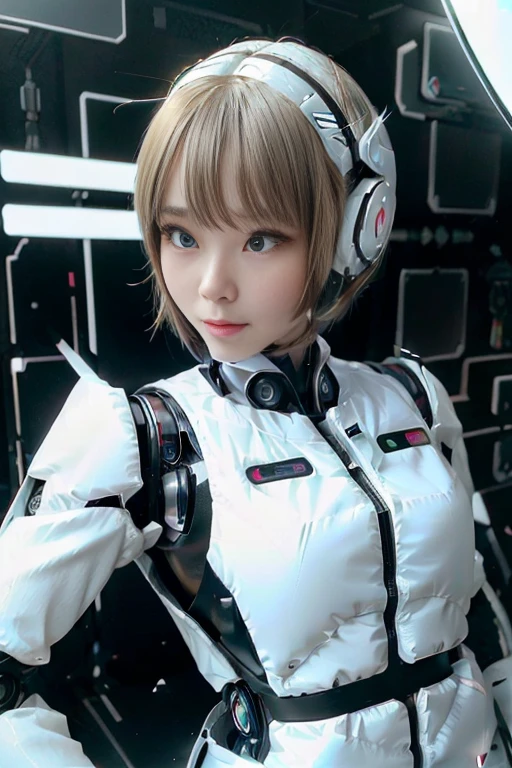 A girl in a futuristic bright white heavily armored robot suit takes a photo、perfect android girl, Female cyborg body, Perfect anime cyborg woman, Beautiful female android!, Female Robot, completely robot!! girl, Cute cyborg girl, Cyber Suit, Girl wearing mecha cybernetic armor, Cyber Suit, beutiful white girl cyborg, Beautiful female android, Beautiful girl cyborg、Cute cyborg girl with short bob hair、Beautiful android sculpture model、(Laughter)、((Rounded, white, sturdy armor))、(((Equipped with long sensor antennas on both ears)))、(((Robot Girl)))、(((Android girls)))、