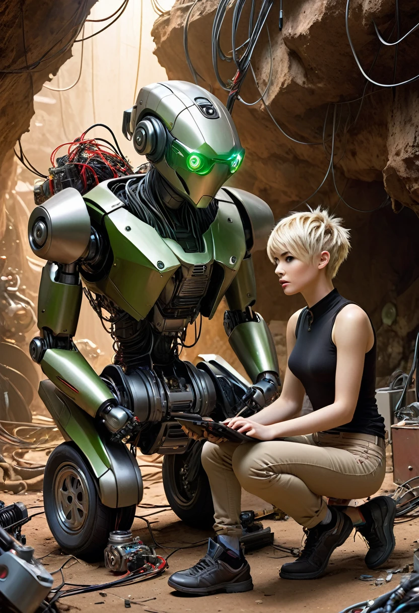 Create a highly detailed image featuring two central characters surrounded by a chaotic assemblage of mechanical, electronic and cybernetic parts. The figure on the left is seated, light human skin, slightly smiling, very beautiful fine detailed, symmetrical face with short blond hair, wearing a gray tank top, brown pants, emerald green shoulder armor , He holds in one hand a cyborg joint full ofcables cut and focuses on repairing it. The figure on the right facing him is a seated cyborg, half man-half machine, with latex skin, sporting a small skull and a large black mohawk on the top of his head. They both wear sleeveless tank tops, technical dark pants and carefully examine the wires of the broken cybernetic kneecap, the exposed wires sparkle, bright blue and white electric arcs passing through and illuminating the room. Both display an atmosphere of concentration and are engaged in their tasks in a setting littered with robotic limbs, wires and cybernetic debris. A variety of lights and holographic projections emerge from the technological detritus, casting an ambient illumination of a world gone mad. The environment should evoke a post-apocalyptic sci-fi setting in an open garage with a warm, sepia-toned background that subtly blends into a clear, clear sky.