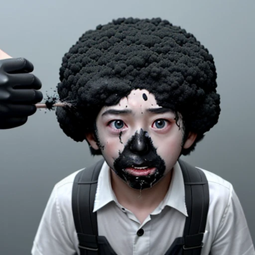 An experiment went wrong during the filming of a comedy movie and it exploded.、Boy covered in soot
