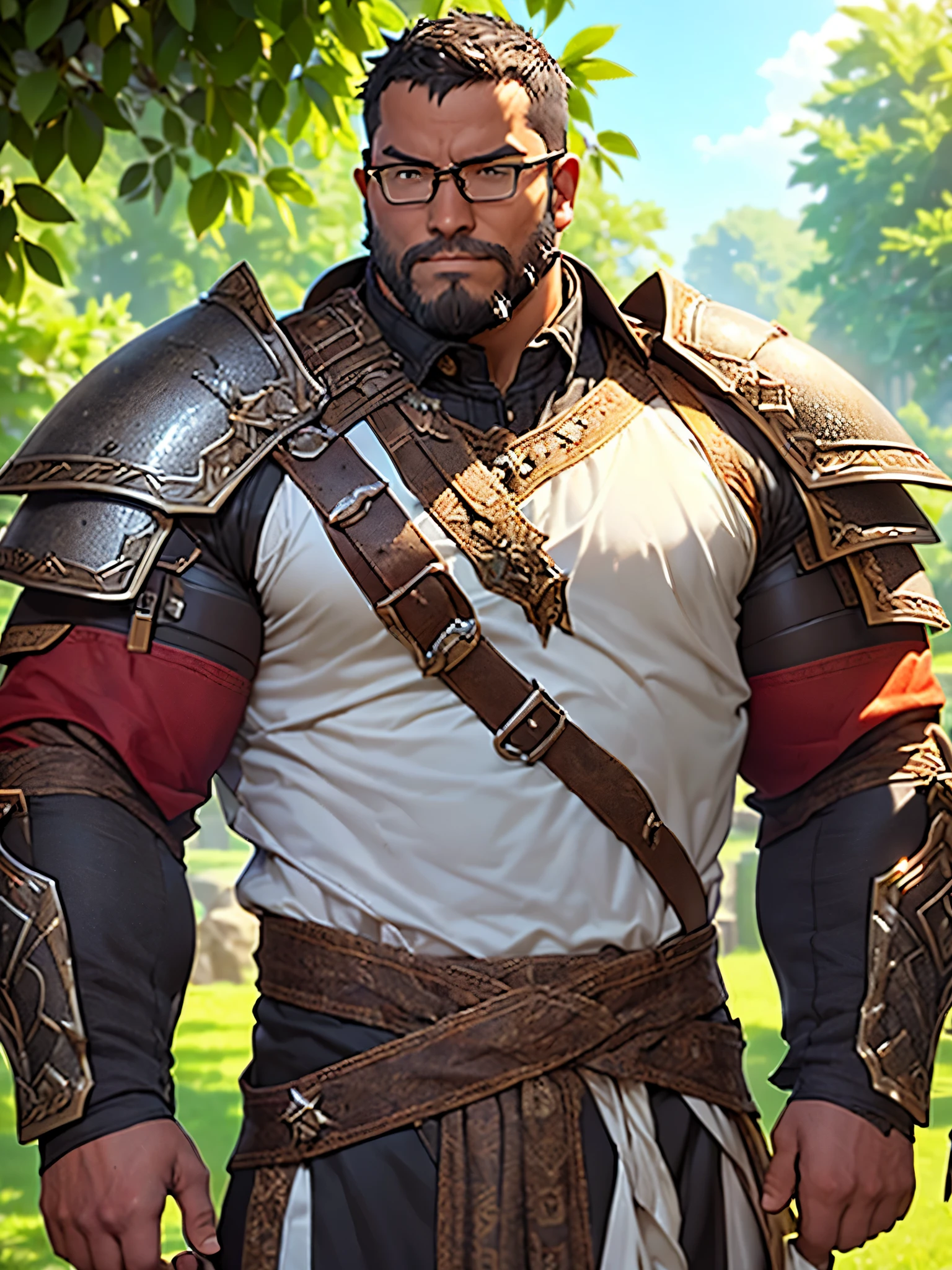 An award-winning original photo, a handsome 35-year-old man, crew cut, full body, mature man, [slightly fat], asian, brown eyes, glasses, (slightly balding), 1boy, Solo, (big shoulder), stubbles, (Short beard), Dynamic Angle, volumetric lighting, (Best quality, A high resolution, Photorealistic), Cinematic lighting, Masterpiece, RAW photo, Intricate details, hdr, depth of field, landscape, Large medieval kingdom in the background, old mature muscular male, black hair, very short hair, cropped military hairstyle, ((black beard))),muscular male, tall, Piece, athlete, bare biceps, Abs, chest, medieval armor, light armor, red armor, Mystical armor, Golden details on the armor, black details on the armor, elsword style armor, ((arms exposed)), thick beard, Neutral face, cowboy shot, high resolution:1.2, best quality, master part, daylight, Reflection of lens, upper body shot