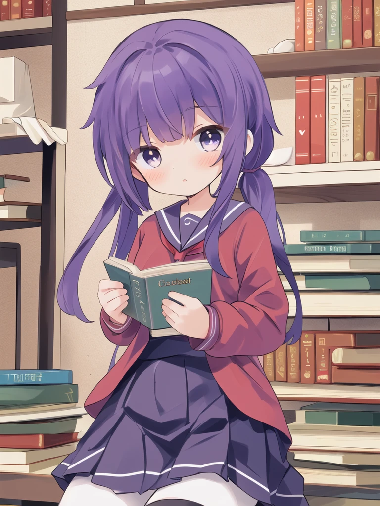 、girl、Pigtails、Purple Hair、Red Sailor Suit、skirt、Confused eyes、I have a book