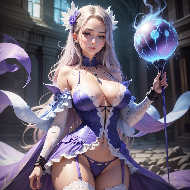 (better quality,ultra-detailed,Realistic:1.37)、Sorcière attaquante avec la magie du givre、; lingerie couleur vive, gros seins,porte jarretelle,Une jeune femme de 18 ans、(piercing eyes:1.5)、look agressif、elegant outfit、electric arcs dance around'elle、hold a large magic scepter enchanted with frost magic,outside, scene of launching an attack with a magic circle, an ice cream cone , corps entier,pas de robe