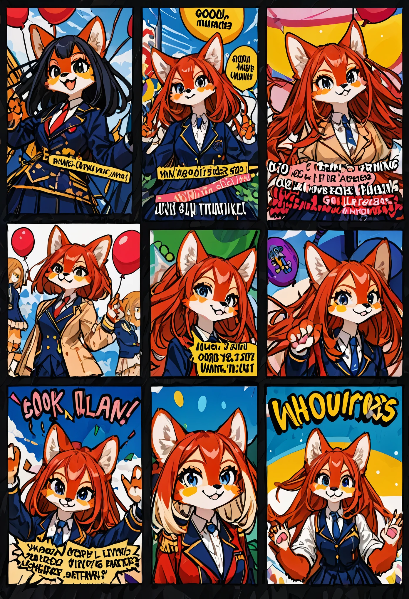 top quality, best quality, highres, masterpiece, super high resolution, detailed background, School, class, boy, girl, absurdres(highly detailed beautiful face and eyes)perfect anatomy, good lighting, cinematic shadow(kemono, furry anthro)assorted expressions, assorted poses, assorted angles, full body, upper shot, dynamic angle,(girls comic-like panel layouts, speech balloon, English text, Hand-drawn sound effects stickers used in girls comic),