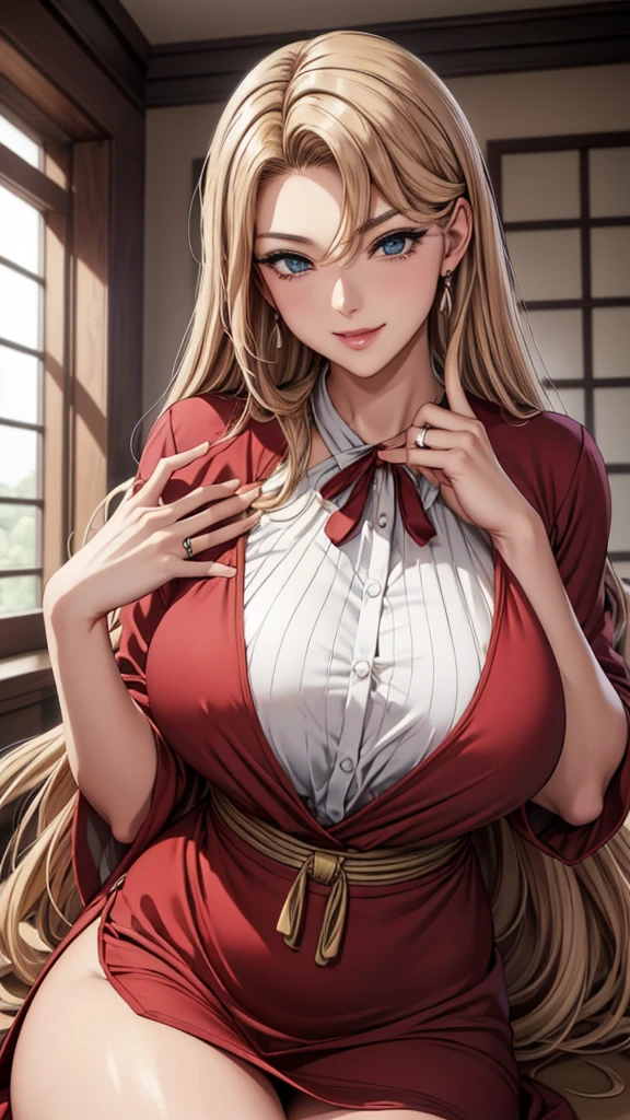 masterpiece, highest quality、High resolution, Bedroom, High-quality images, 8k, 1 female, (((Accurate Fingers))), (((left hand, fourth finger with ring))), Skin Radiance, Texture of skin and clothing, Expression of fine eyes, Shiny Hair, Girl with long brown hair, Manga inspired by Lee Jong-suk, Trending on deviantart, realism, detailed manga style, Manga art style, Perfect Line Drawing, Beautiful line art, digital manga art girl, K-POPアイドル, Beautiful brown eyes, Fuller lips, Gorgeous face with attention to detail, (Cute Smile), Charm, Innocent, Side view, (Perfectly detailed face), (Beautiful Hands) Photorealistic images, Written boundary depth, Japanese Princess Cut Hairstyle, ((best sunday dresses, blouse)), Tight waist