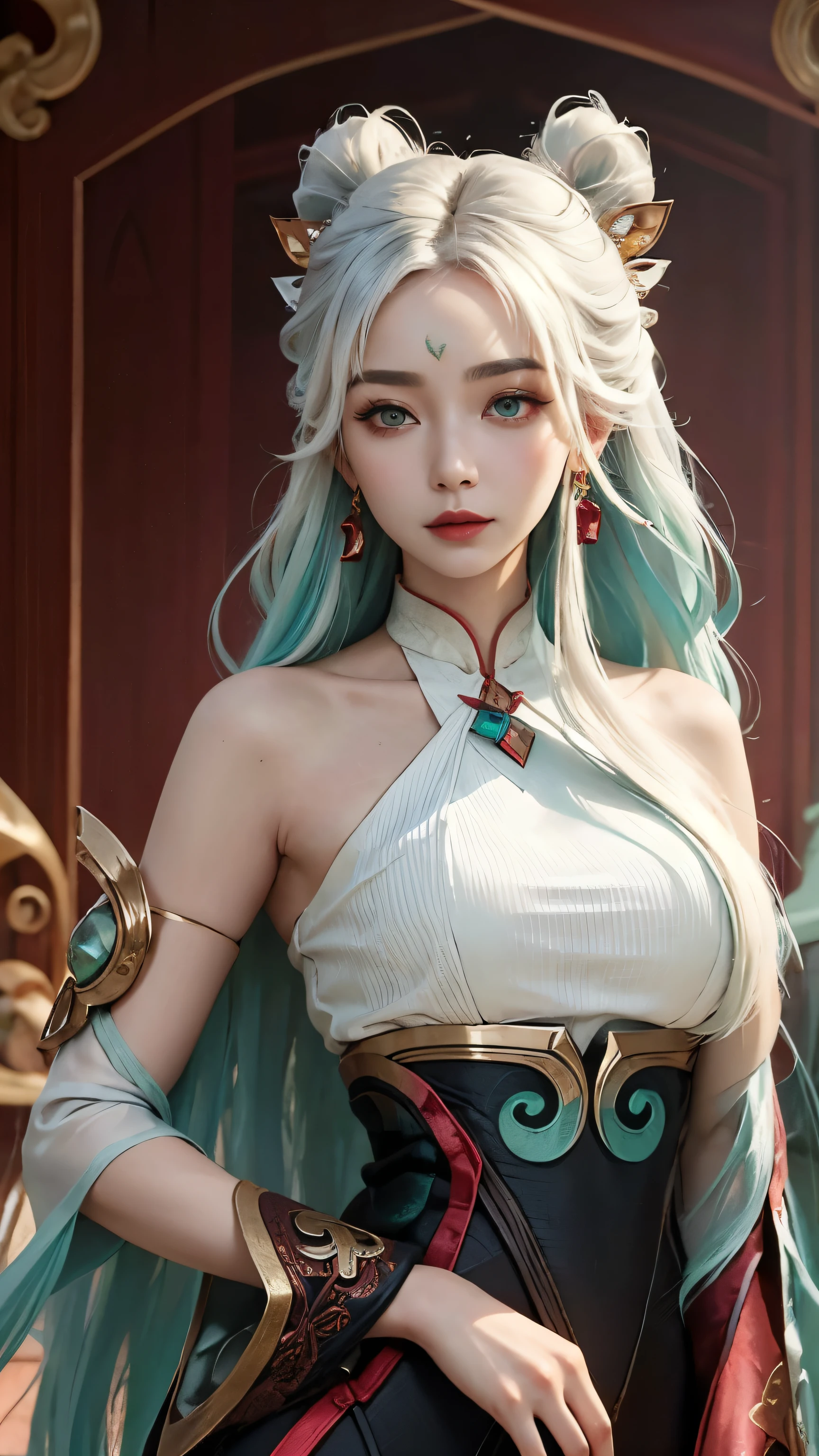 (masterpiece, best quality:1.2), intricate details, mythmaker irelia, 1girl, hair ornament, hair rings, bare shoulders, dress, detached sleeves, forehead mark, multicolored hair, white hair, earrings, green eyes, textured skin, looking at viewer, solo, light smile, (mature female:1.2),sexy pose