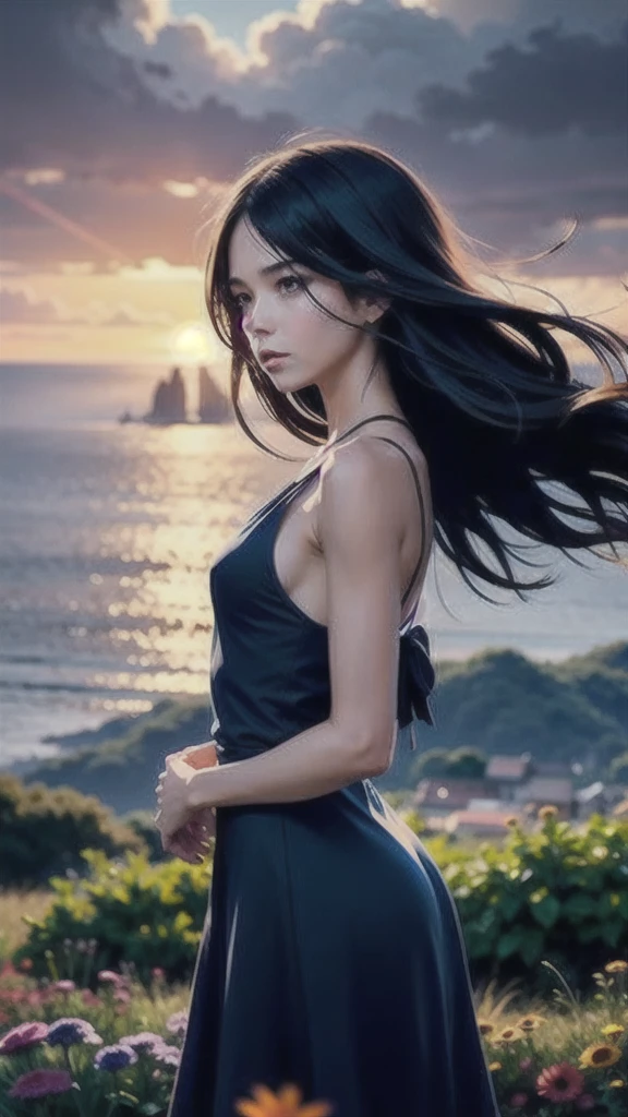 Silhouette art, 1 girl with aesthetic small breasts and very tousled shaggy long dark hair fluttering in the wind, sketch,  anime key visual,  landscape of ultra-realistic brutal color field and Christ the Redeemer, At noon, sketch, Islandpunk, moody lighting, oversaturated, overlapping compositions